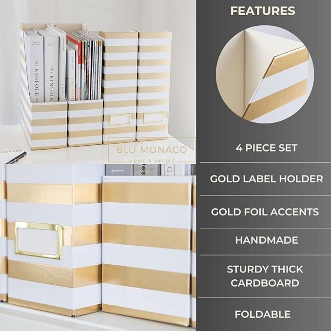 BLU MONACO Set of 4 Gold & White Striped Magazine File Boxes | Foldable - Image 5