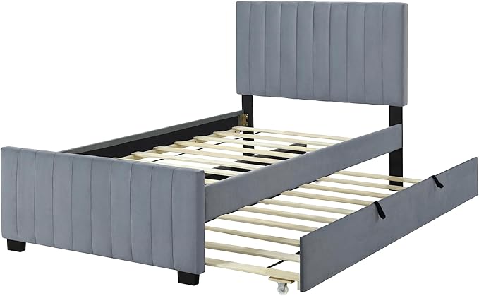 Twin Bed Frame with Trundle Bed, Velvet Upholstered Bed Frame, Twin Size - Image 4