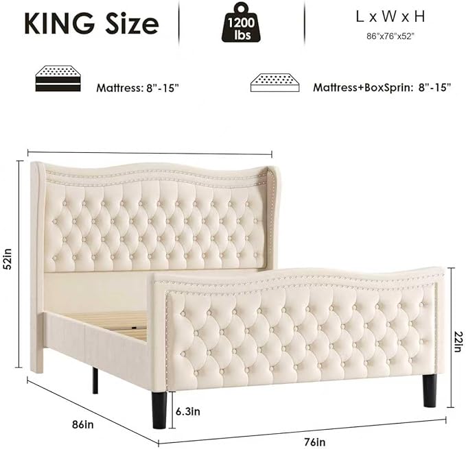 King Bed Frame with Tall Headboard & Footboard, Velvet Upholstered Platform Bed - Image 2
