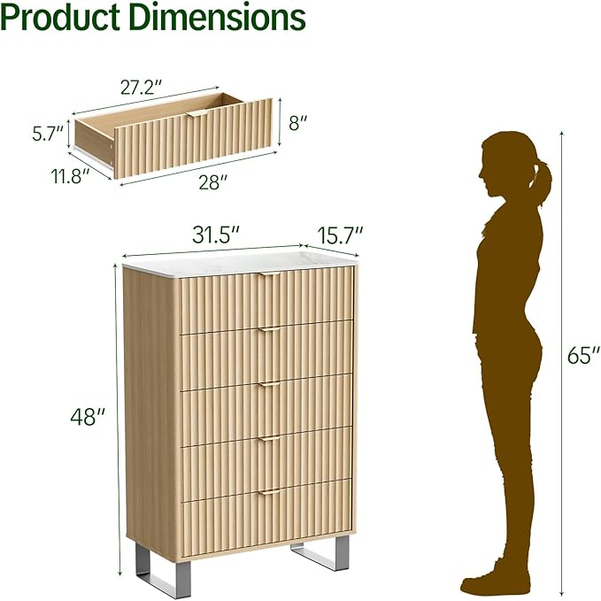 Fluted 5 Drawers Dresser, Wood Storage Organizers - Image 2