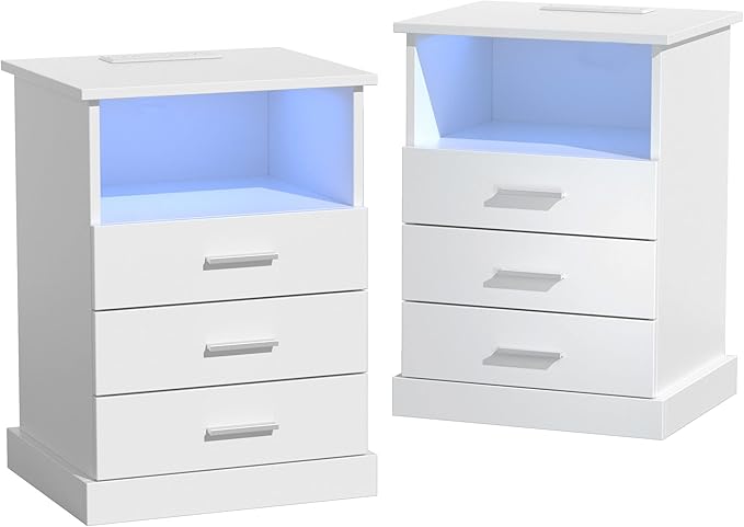 Halitaa Nightstand with Charging Station, LED Lights Side Table with 3 Drawers by Halitaa