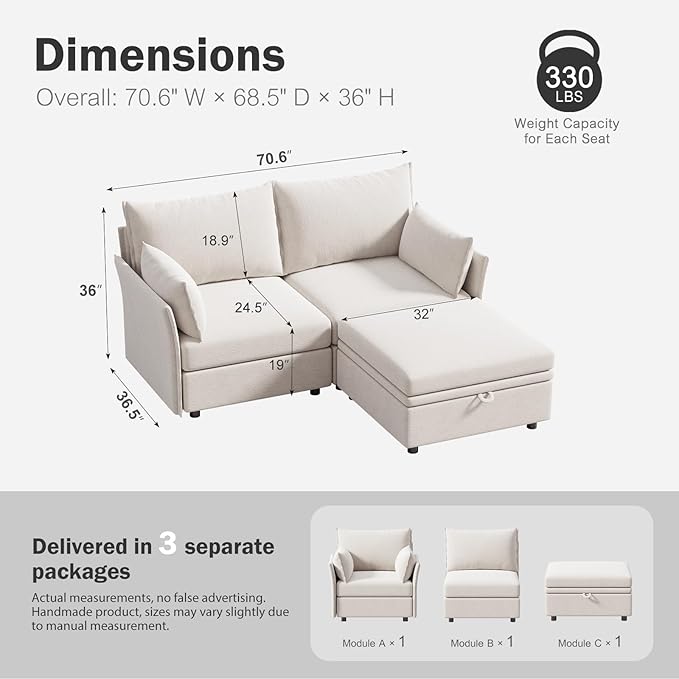 ABCASA Luxury Modular Sectional Sofa, L-Shaped 3-Seat Couch - Image 2