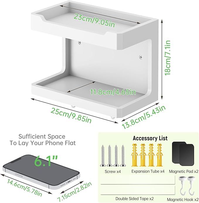 NiHome Large Wall Mounted Wooden Bedside Organizer, Double Storage Shelves & - Image 3