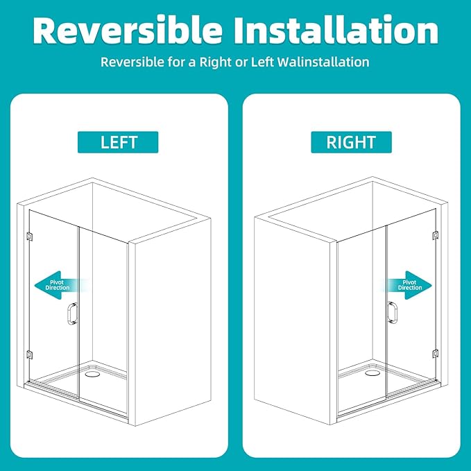 Pivot Swing Shower Door, Adjustable Width 58.9-60" W x 74" H Semi-Frameless - Image 8