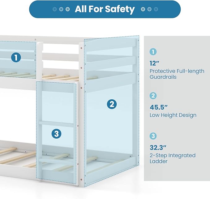 KOMFOTT Low Bunk Bed Twin Over Twin, Solid Wood Bunk Bed Frame - Image 6