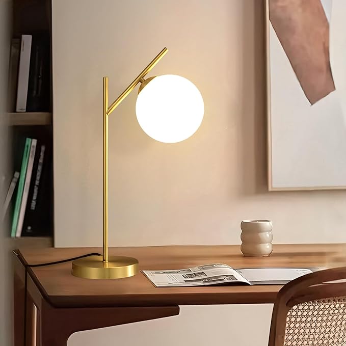 Mid Century Modern Table Lamp, 1 Light Brass Glass Globe Bedside Lamp, - Image 7