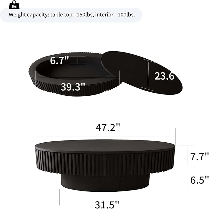 Oval Coffee Table with Storage, Modern Black Coffee Table with Solid Wood - Image 2