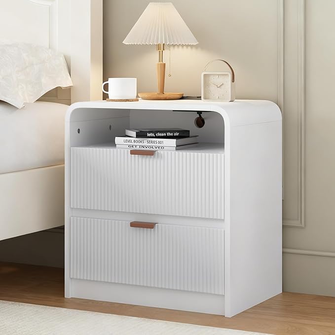 24” Fluted Nightstand with Charging Station, Modern Bedside Table with 2 Drawers by Unknown