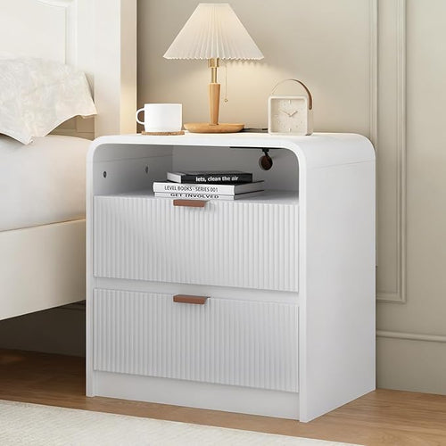 24” Fluted Nightstand with Charging Station, Modern Bedside Table with 2 Drawers by Unknown