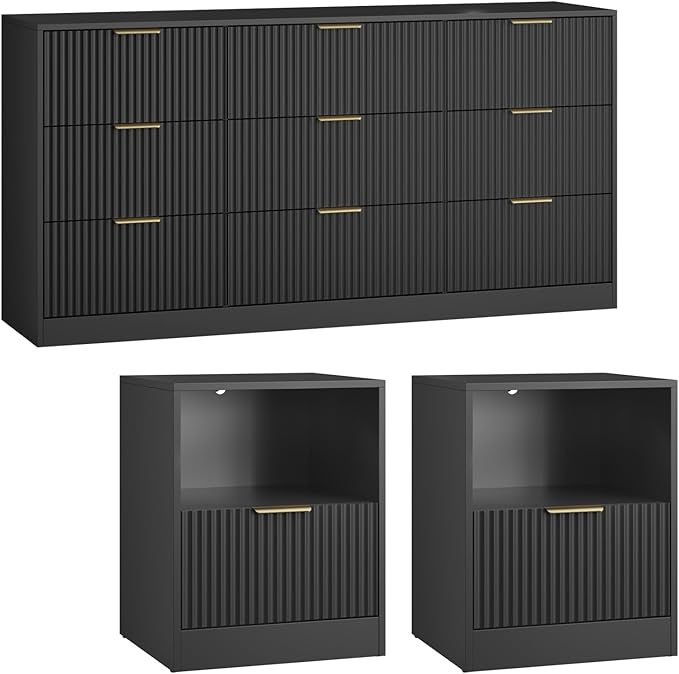 3-Piece Fluted Black Dresser and Nightstand Set, 63” Wide Bedroom Dresser Set - Image 8
