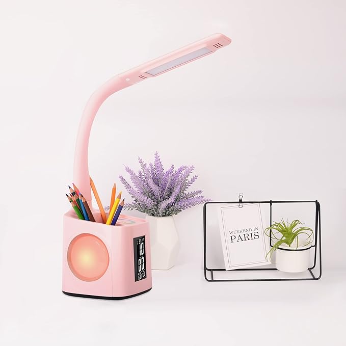 wanjiaone LED Desk Lamp with Clock, Color Changing Nightlight, Study Lamp with - Image 4