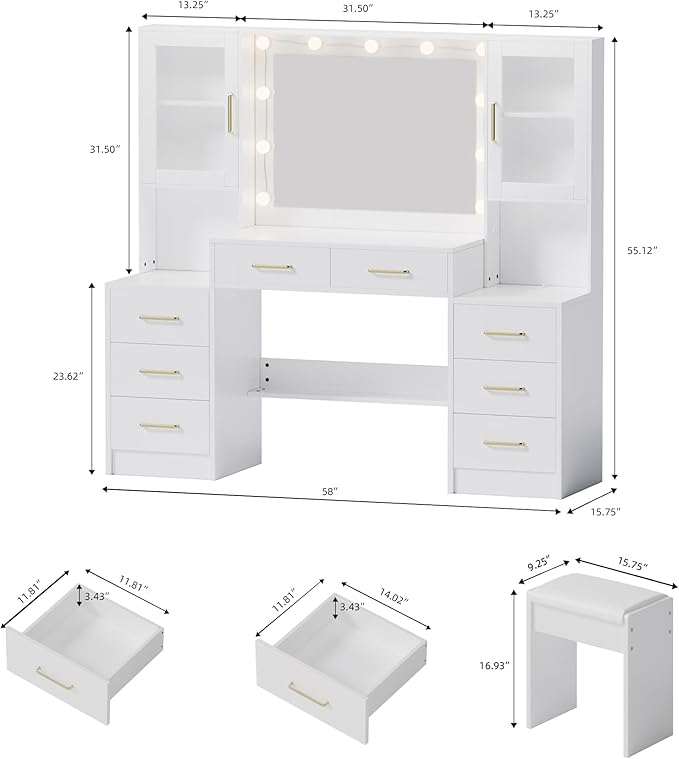 White Vanity Desk with Mirror, Lights & Charging Station, 2 Cabinets and Lots - Image 4