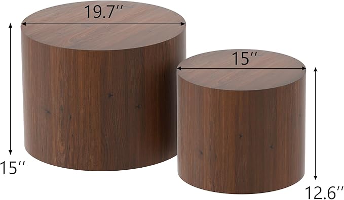 Nesting Coffee Table Set of 2, Round Walnut Wooden Coffee Tables Modern Circle - Image 2