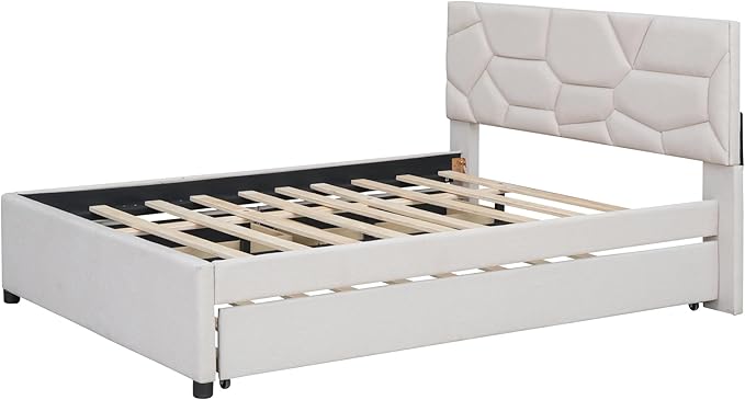 Full Size Bed Frame with Twin Size Trundle and 2 Storage Drawers, Linen - Image 13