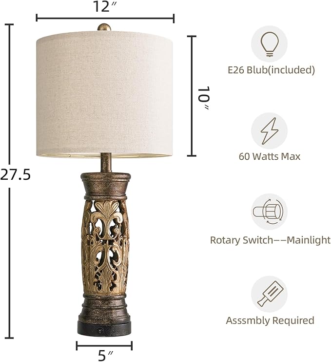 BOBOMOMO 27.25” Antique Gold Table Lamps Set of 2 – Farmhouse Bedside Lamps - Image 6