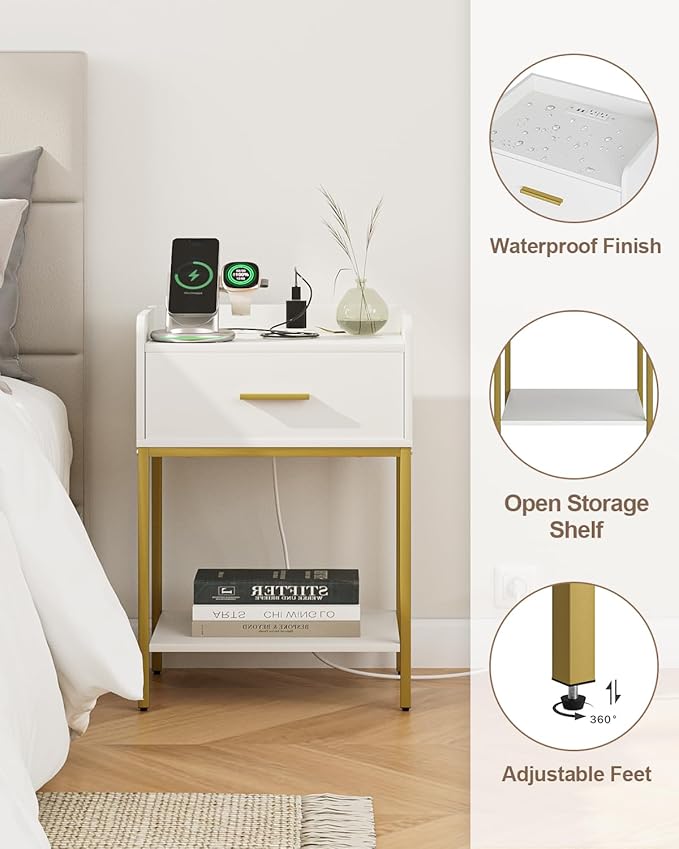 Masupu Nightstand with Charging Station, 3-Tier Modern Bedside Night Stand with - Image 7