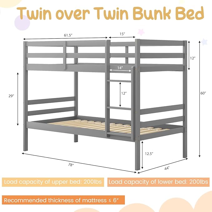 Giantex Bunk Bed Twin Over Twin, Solid Wood Bunk Bed - Image 2