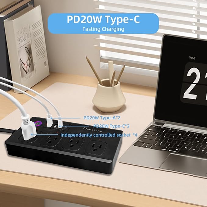 UseeLink Smart Power Strip, 4 Outlets and 4 USB Ports 2A2C, 5 ft. Cord - Image 7