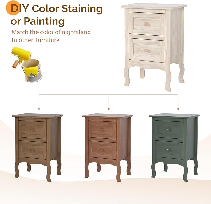Bonnlo Nightstands Set of 2, Solid Wood Nightstand Unfinished - Image 4