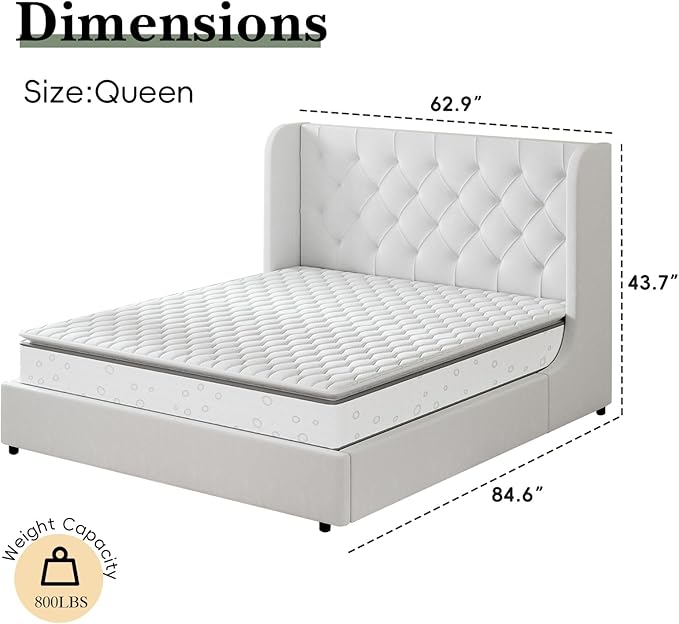 HOMBCK White Queen Bed Frame, Velvet Upholstered Platform Bed Frame - Image 2