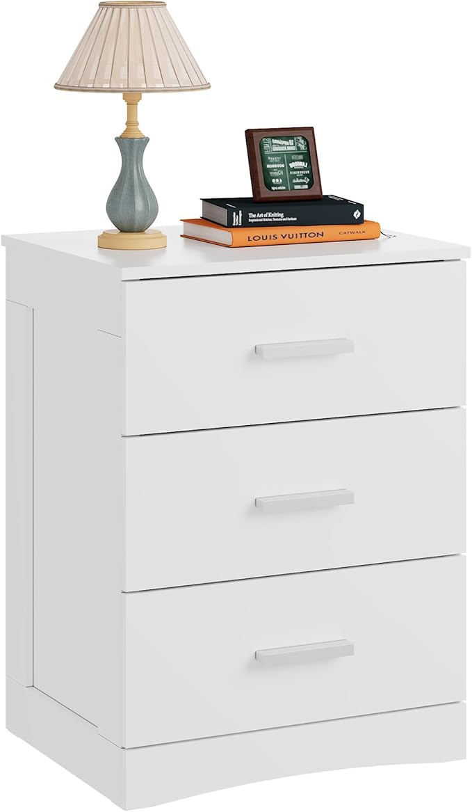 WLIVE White Night Stand with 3 Drawers, Small Nightstand with Storage, Wooden by WLIVE