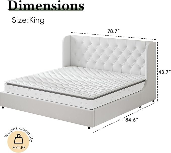 HOMBCK White King Bed Frame, Velvet Upholstered Platform Bed Frame - Image 2