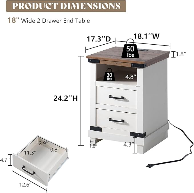 AMERLIFE Farmhouse End Table Set of 2, Heavy Duty Bedside Nightstands - Image 2