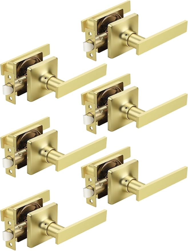 Mengico 6 Pack Passage Door Levers Gold Finish, No-Locking Keyless Square Door by Mengico