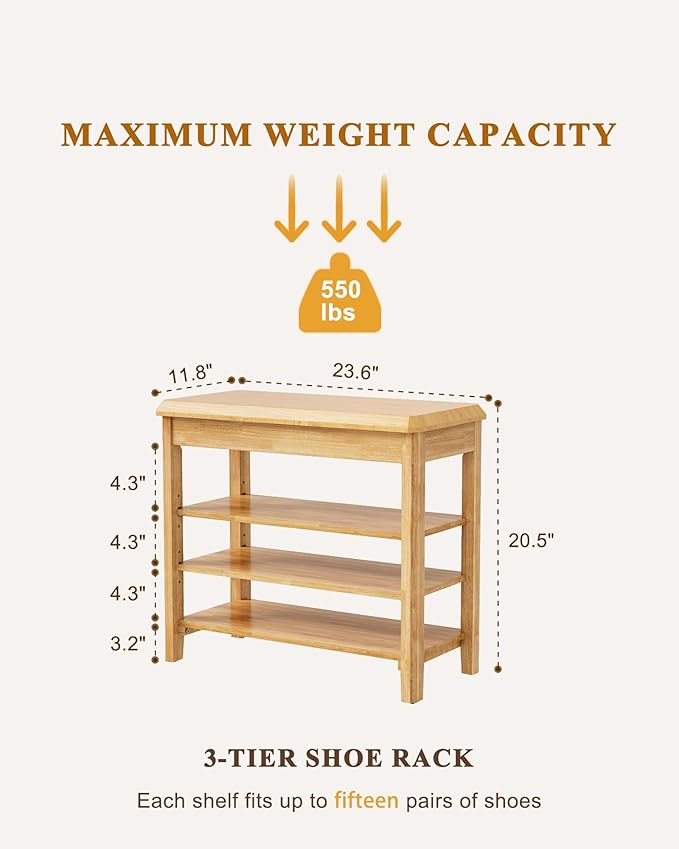 Shoe Rack Bench Seat Rubberwood 3-Tier Wooden Storage Bench 550lbs Compact - Image 2