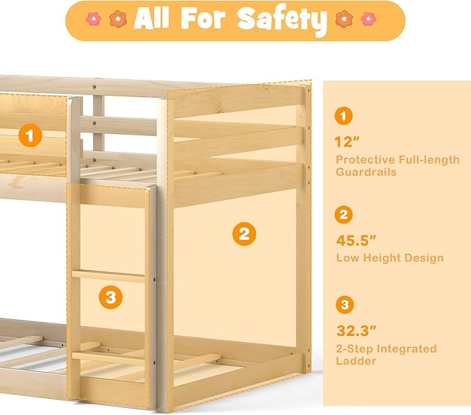 KOMFOTT Low Bunk Bed Twin Over Twin, Solid Wood Twin Bed Frame - Image 6
