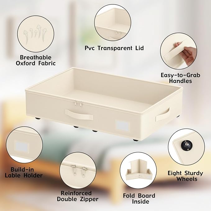 Under Bed Storage with Wheels, No Assemble Required 5.5 inches height beige - Image 5