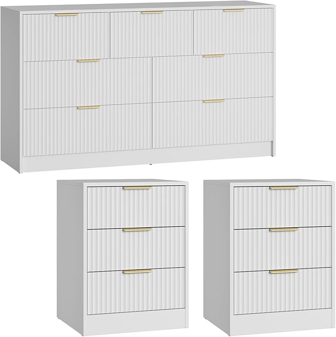 7 Drawer Dresser & Nightstand Set, 3-Piece White Fluted Dresser and Night Stand - Image 8