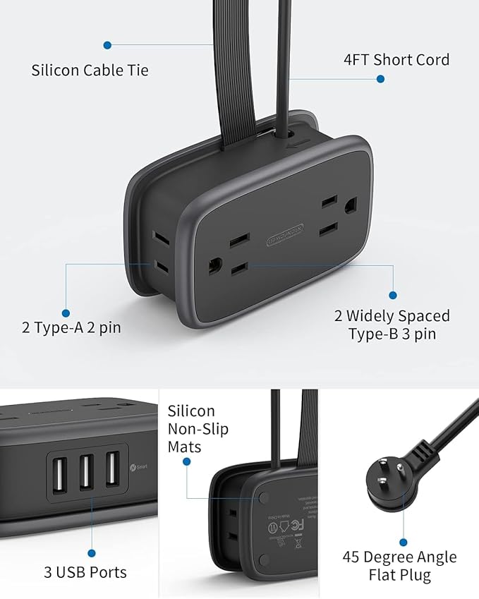 Travel Power Strip with USB Ports, NTONPOWER 4ft Flat Plug Wrapped Around Short - Image 8