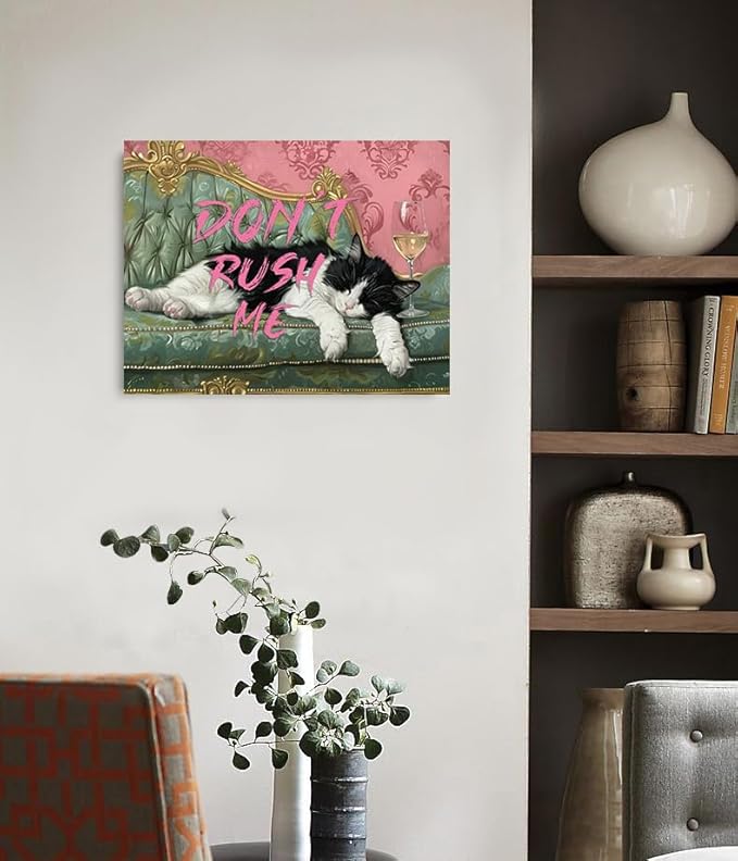Pveror Funny Cat Wall Art Canvas Dont Rush Me Sleeping Black White Cat Painting - Image 5