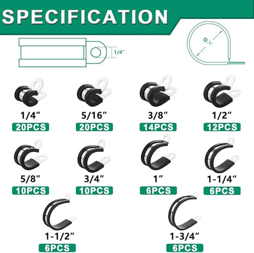 110PCS Cable Clamps Assortment Kit, 10 Sizes—1/4" 5/16" 3/8" 1/2" 5/8" 3/4" 1" - Image 2