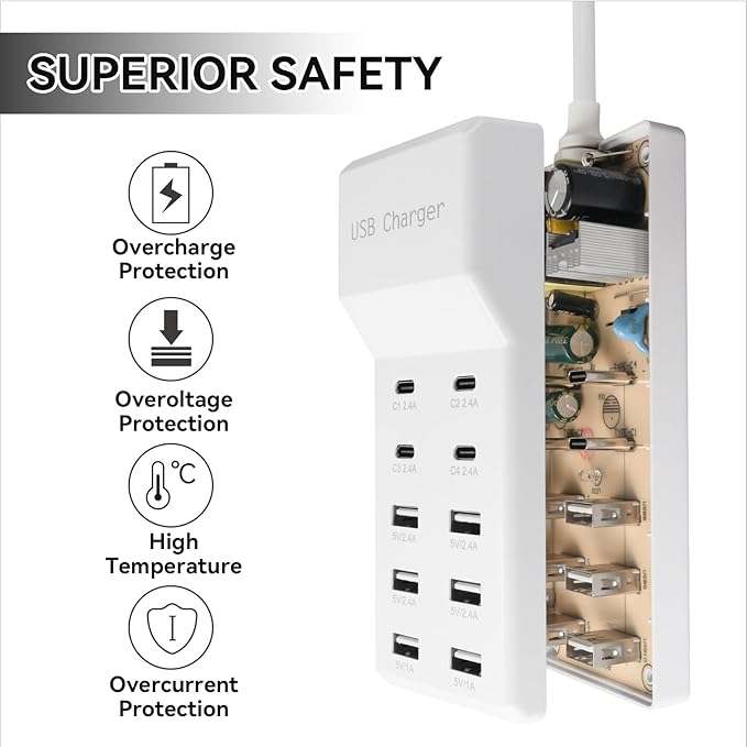 USB Charging Station with 6 USB-A & 4 USB-C Ports, 50W 10A USB Charging Block - Image 3