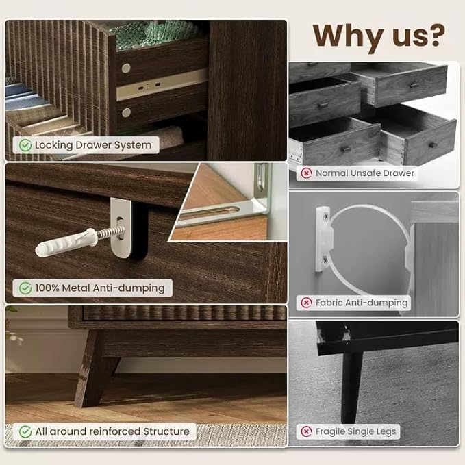43'' Hight 5 Drawers Dresser for Bedroom, Modern Fluted Vertical Chest - Image 6