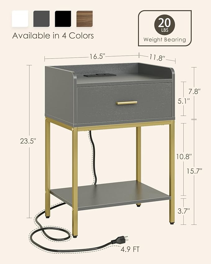 Masupu Nightstand with Charging Station, 3-Tier Modern Bedside Night Stand with - Image 2
