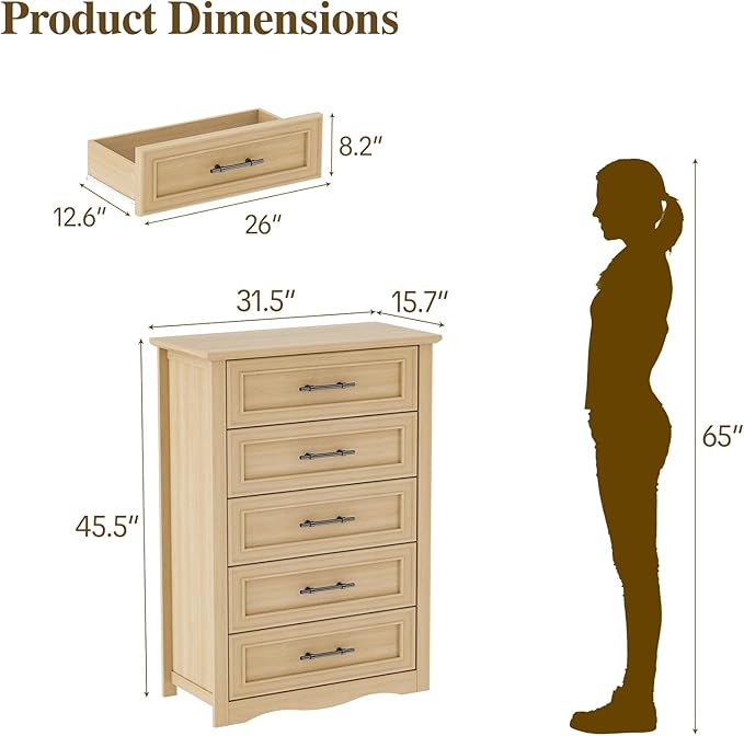 Farmhouse 5 Drawers Dresser, 45.5" H Modern Country Storage Dressers - Image 2