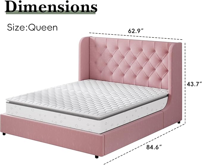 HOMBCK Pink Queen Bed Frame, Upholstered Platform Bed Frame - Image 2