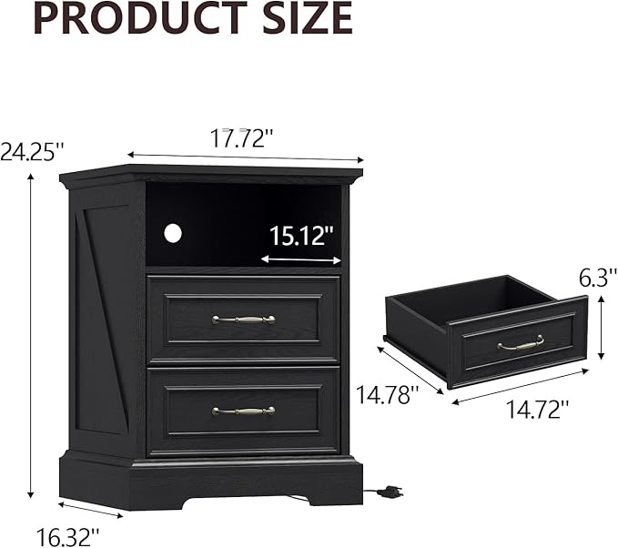 Nightstand with Charging Station Set of 2, Farmhouse Wood Small Dresser - Image 2