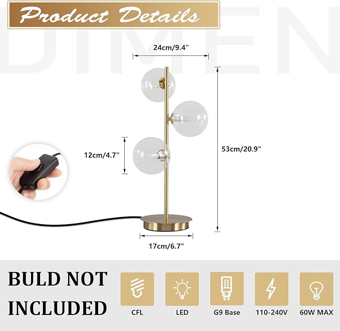 Glass Table lamp Gold, 3-Globe Table lamp Tall, Reading Lamp - Image 5