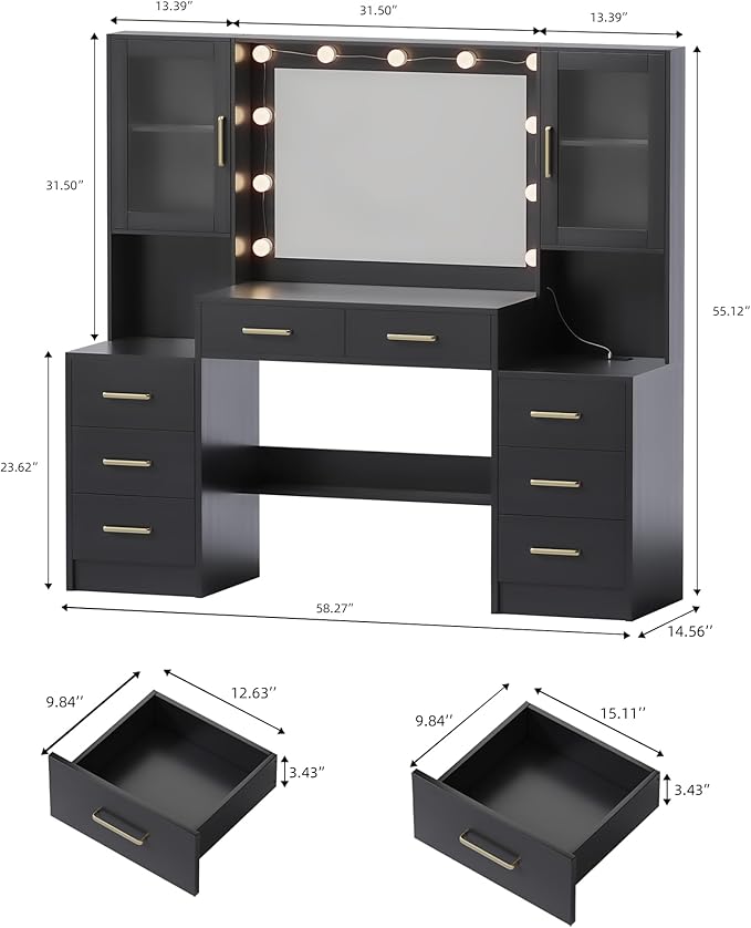 Black Vanity Desk with Mirror, Lights & Charging Station, 58.3" 3 Lighting - Image 3
