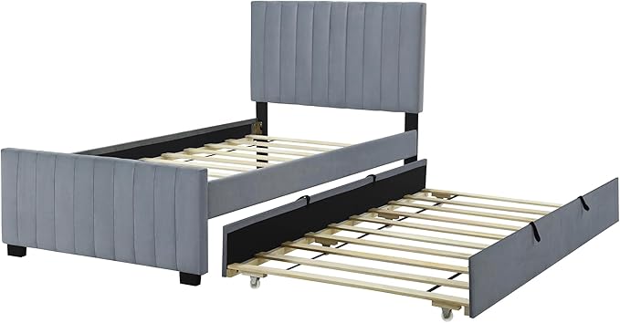 Twin Bed Frame with Trundle Bed, Velvet Upholstered Bed Frame, Twin Size - Image 9
