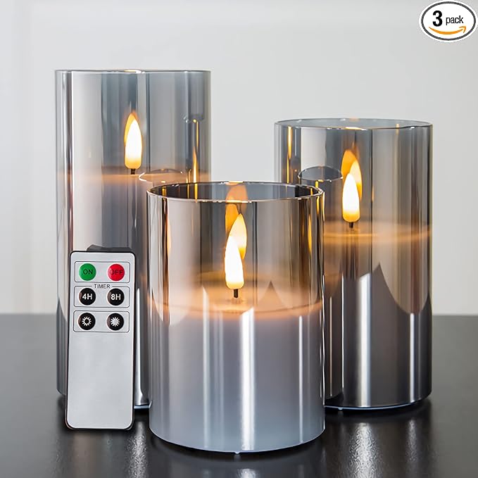 Eywamage Smoke Grey Glass Flameless Pillar Candles by EywamageCandles