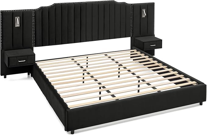 King Size Bed Frame with Storage, Luxury King Platform Bed Frame with Headboard - Image 7