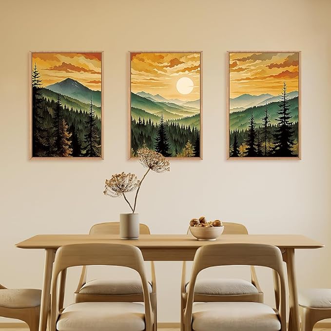 LHIUEM Large Boho Sunset Mountain Framed Canvas Wall Art, Retro Pine Tree Wall - Image 3