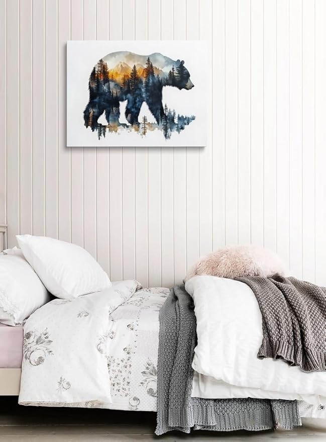 Bear Silhouette Forest Landscape Canvas Wall Art Framed Print Watercolor - Image 6