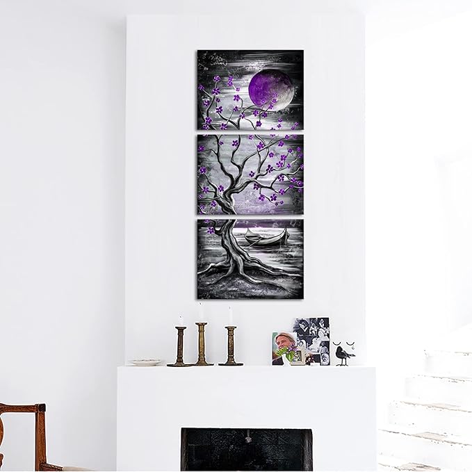 KREATIVE ARTS 3 Piece Full Moon Tree Canvas Wall Art Modern Abstract Black and - Image 3