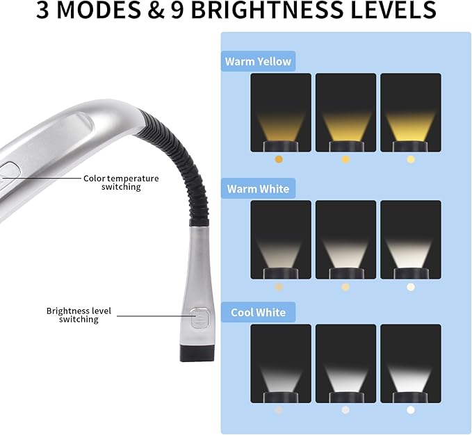 Book Light, 3-Color & 9-Brightness Reading Light, Bendable Neck Light, 80-hr - Image 6
